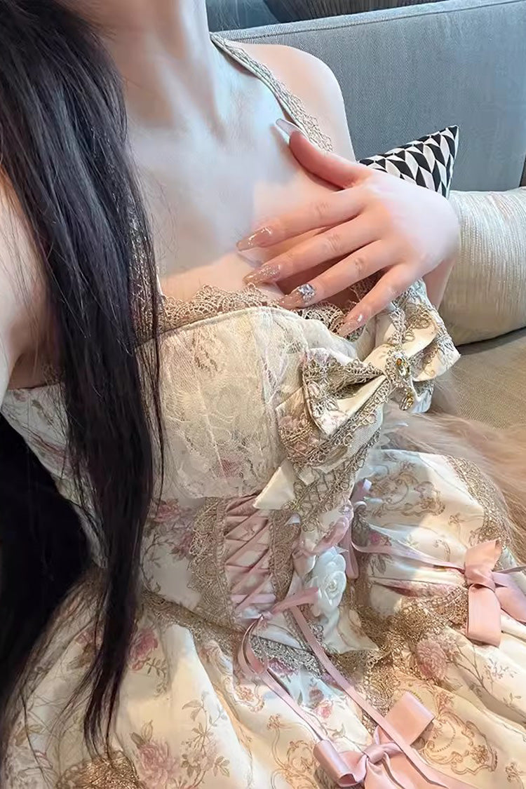 Champagne Halterneck Rich Flower Bowknot Lace-Up Sweet Gorgeous Lolita Skirt Dress Set