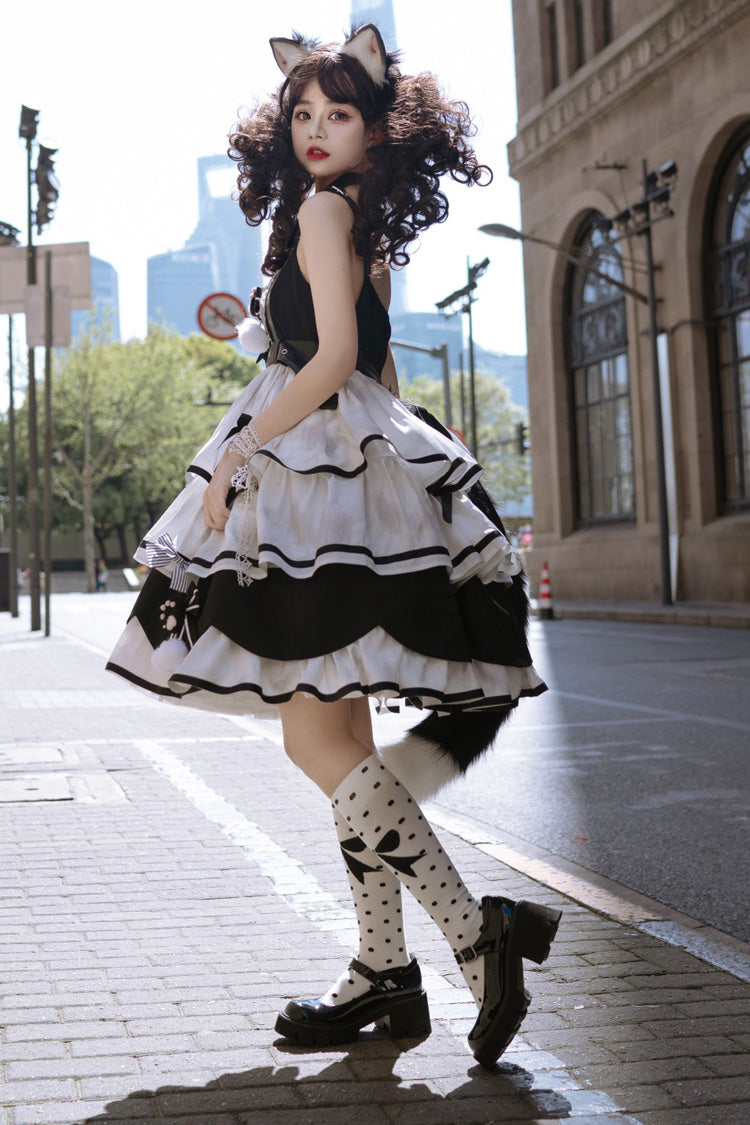 Black/White [Cat Fist] Triple-Layered Ruffle Bowknot Sweet Lolita Jsk Dress