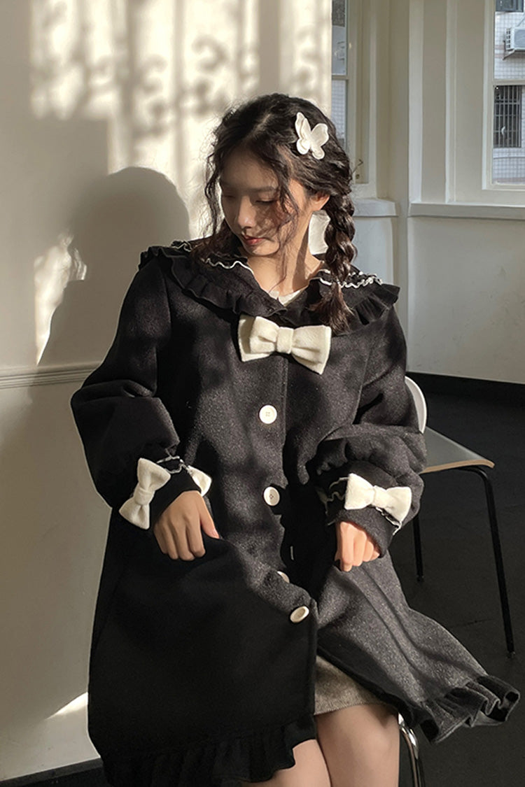 Black [Bouquet Bear] Doll Collar Long Sleeves Ruffle Bowknot Princess Lolita Coat