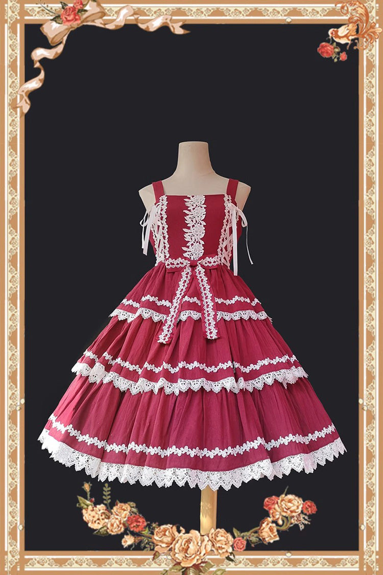 Rot/weißes dreiteiliges ärmelloses Lolita-Stufenkleid mit Schleife
