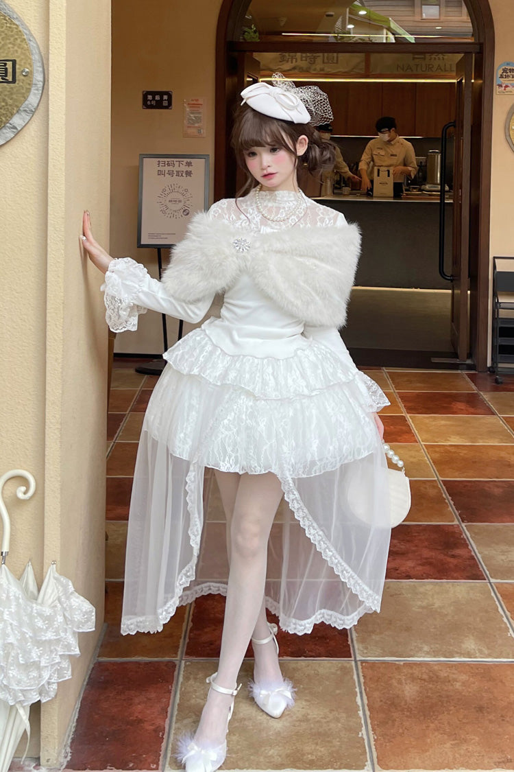 White [First Snow] Long Sleeves Lace Irregular Sweet Lolita Skirt Three-piece Set