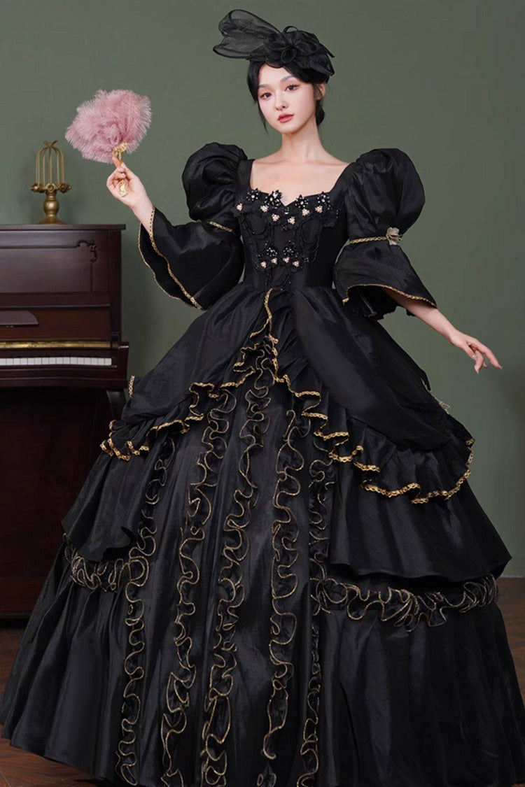 Black Square Collar Half Trumpet Sleeves Double-Layered Ruffled Open-Front Gothic Vintage Palace Lolita Victorian Dress