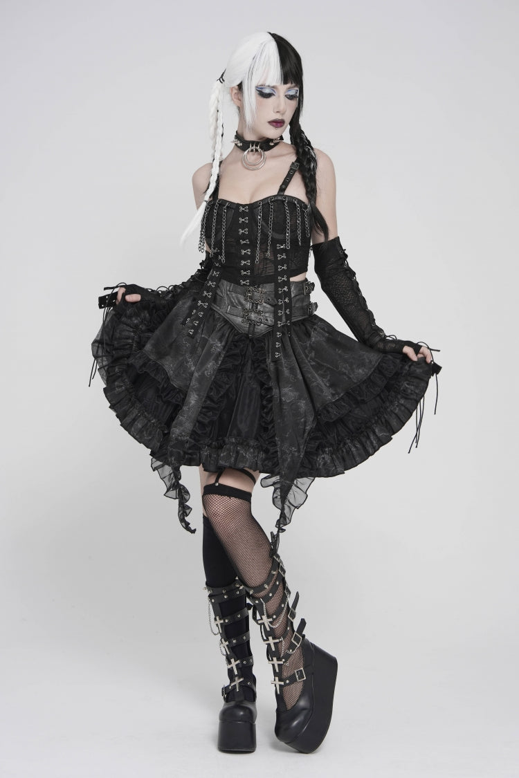 Schwarzer, mehrlagiger, bedruckter, gespleißter Spitzen-Schnürrock mit plissierten Ösen für Damen im Gothic-Stil