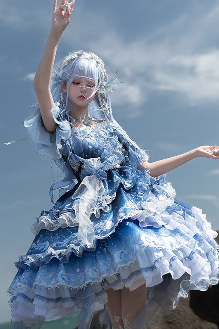 Blue [Jellyfish] Gradient Print Ruffle Embroidery Bowknot Lace Asymmetric Sweet Elegant Lolita Jsk Dress