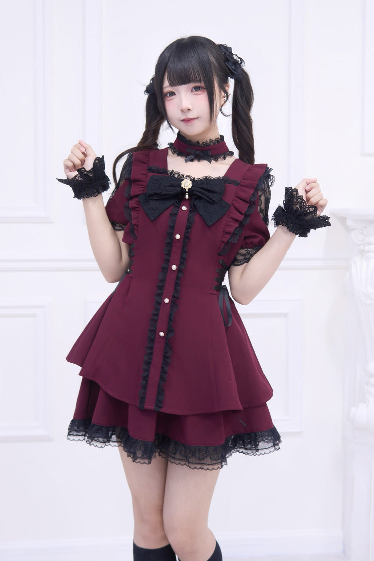 Red [Waltz] Short Sleeves Ruffle Bowknot Gothic Jirai Kei Japanese Dress Set