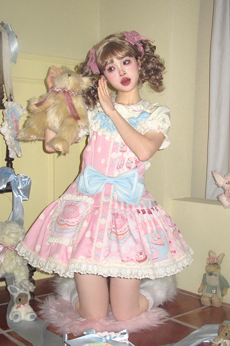 Pink Cake Chocolate Dessert Print Ruffle Bowknot Sweet Lolita Strap Dress