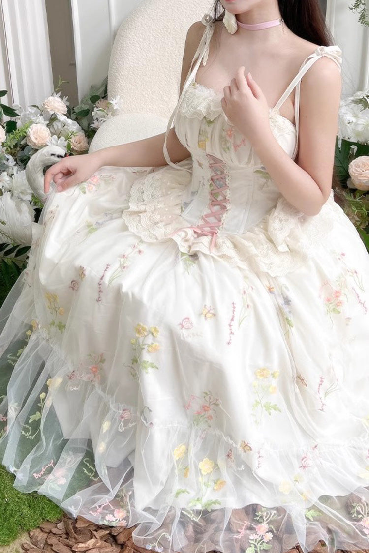 Off White Spring Bouquets Romantic Ruffle Embroidery Bowknot Mesh Sweet Lolita Jsk Dress