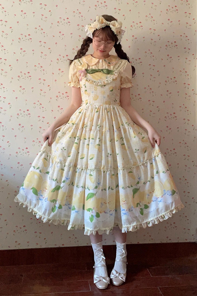 Yellow [Lemon Chicken] Print Ruffle Bowknot Lace Sweet Lolita Jsk Long Dress