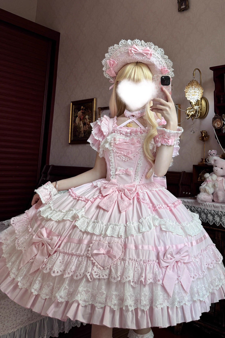 Robe Lolita Jsk élégante et douce en dentelle avec nœud papillon à volants à trois couches sans manches [Super Cute Belia] rose 
