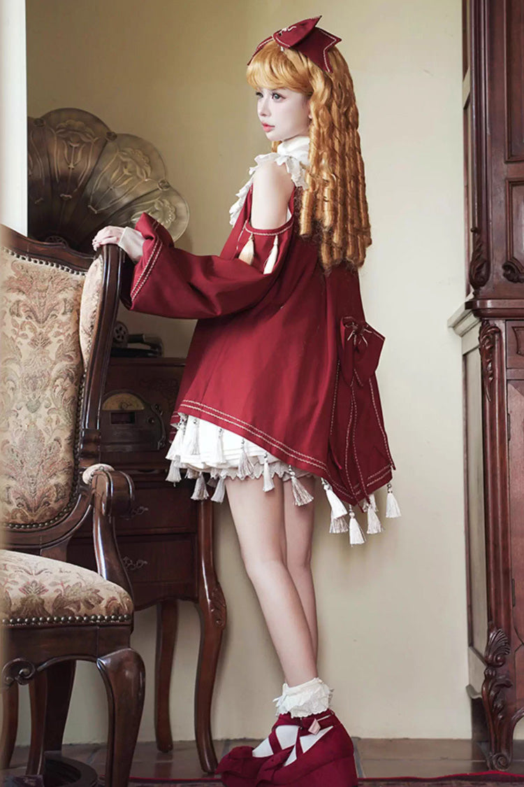 Rotes [Sternenklare Nacht] Langarm Rüschenstickerei Süßes Prinzessin Lolita Kleid Komplettset 