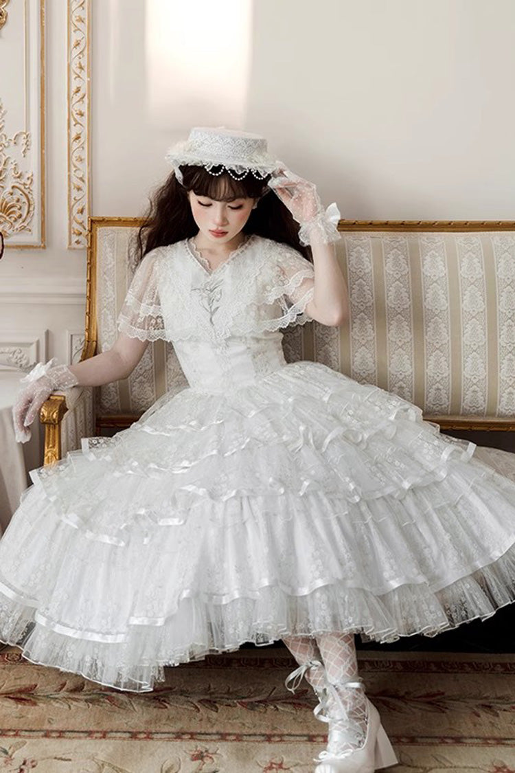 White [Morning Dew Lily] Short Sleeves Multi-Layered Ruffle Embroidery Sweet Elegant Lolita Dress