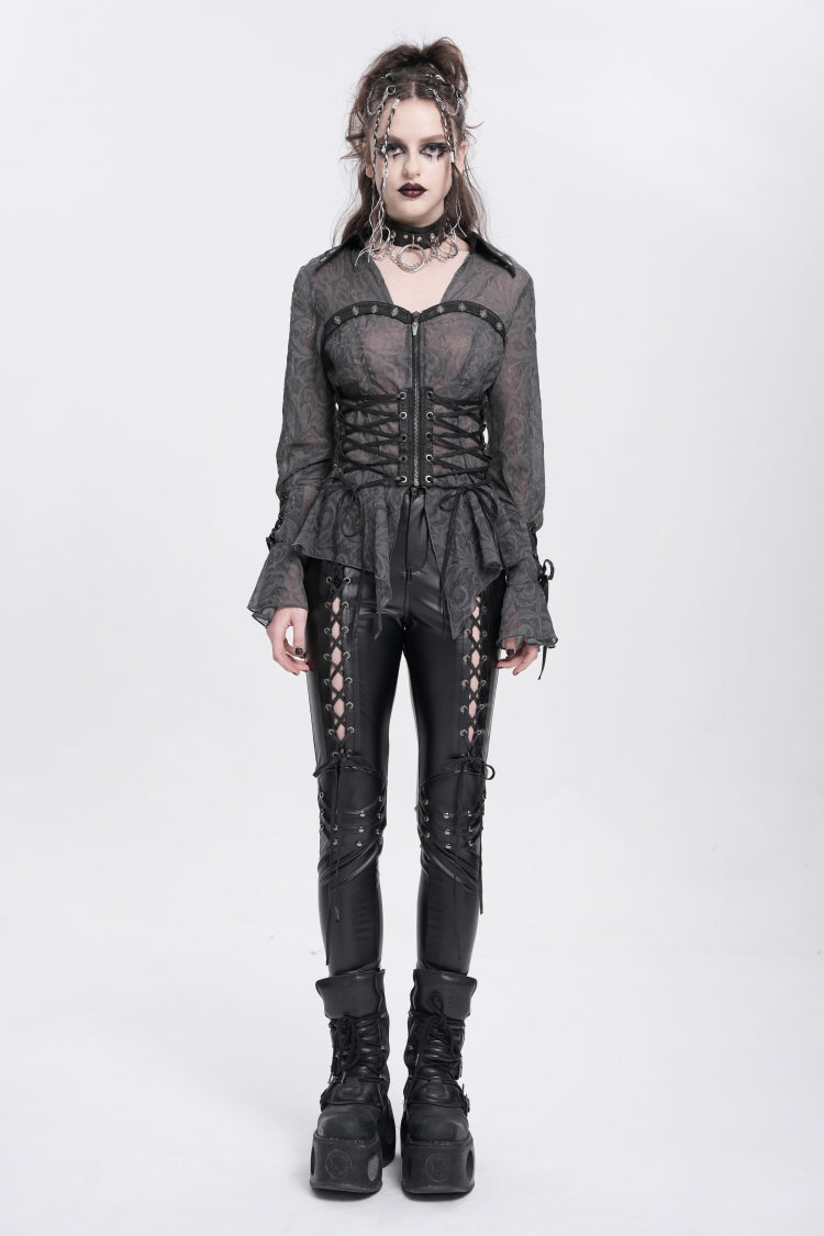 Black Long Sleeves Embroidery Lace-Up Irregular Sheer Women's Gothic Blouse