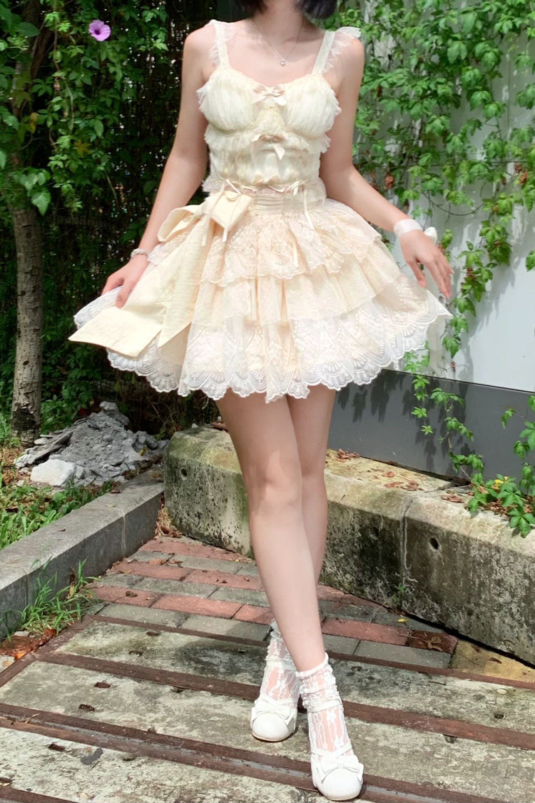 Ivory [Tidal] Triple-Layered Ruffle Bowknot Sweet Lolita Skirt 2 Versions