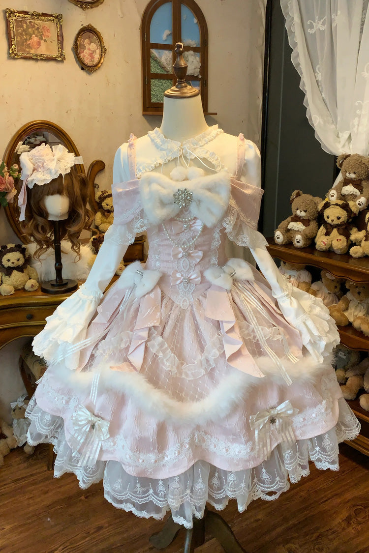 Pink [Snowfall Letter] Off Shoulder Sleeveless Faux Fur Bow Lace-Up Corset Waist Lace Ruffle Tiered Sweet Fall Winter Lolita JSK Dress