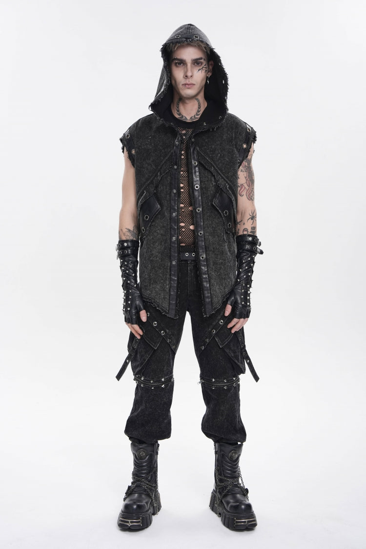Gilet Punk Cool à capuche et œillets pour hommes, épissé noir