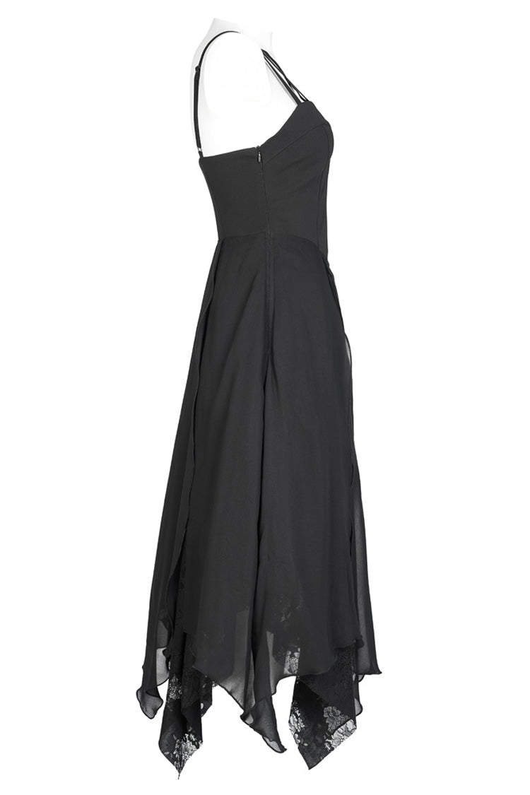 Black Double-Layer Chiffon Lace Irregular Hem Design Sling Decoration Sleeveless Women's Gothic Dress