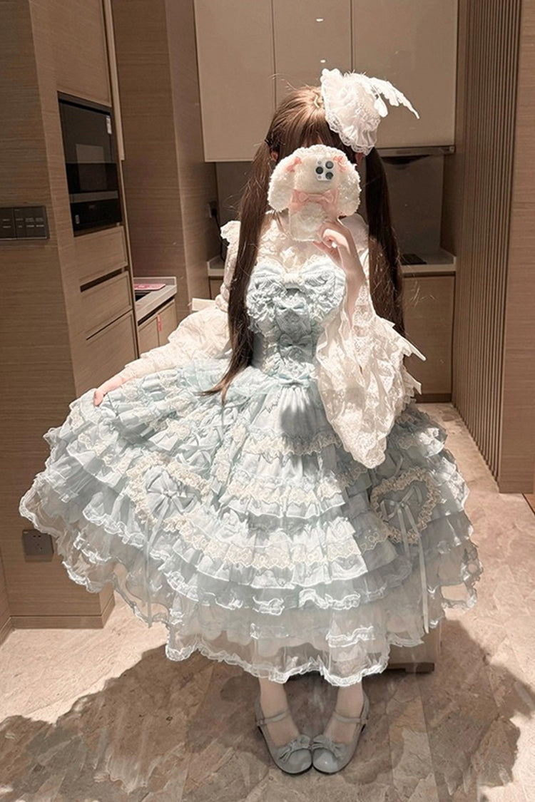 Robe Jsk Sweet Lolita en dentelle à nœud papillon broderie Hanayome à volants multicouches bleu [Sweetheart Diary] 