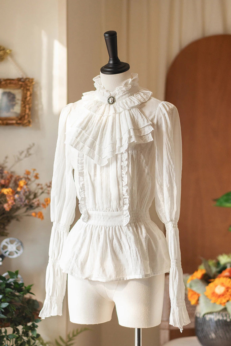 Weiße [Misty Forest] Stehkragen, lange Ärmel, gerüscht, süße, elegante Vintage-Lolita-Bluse