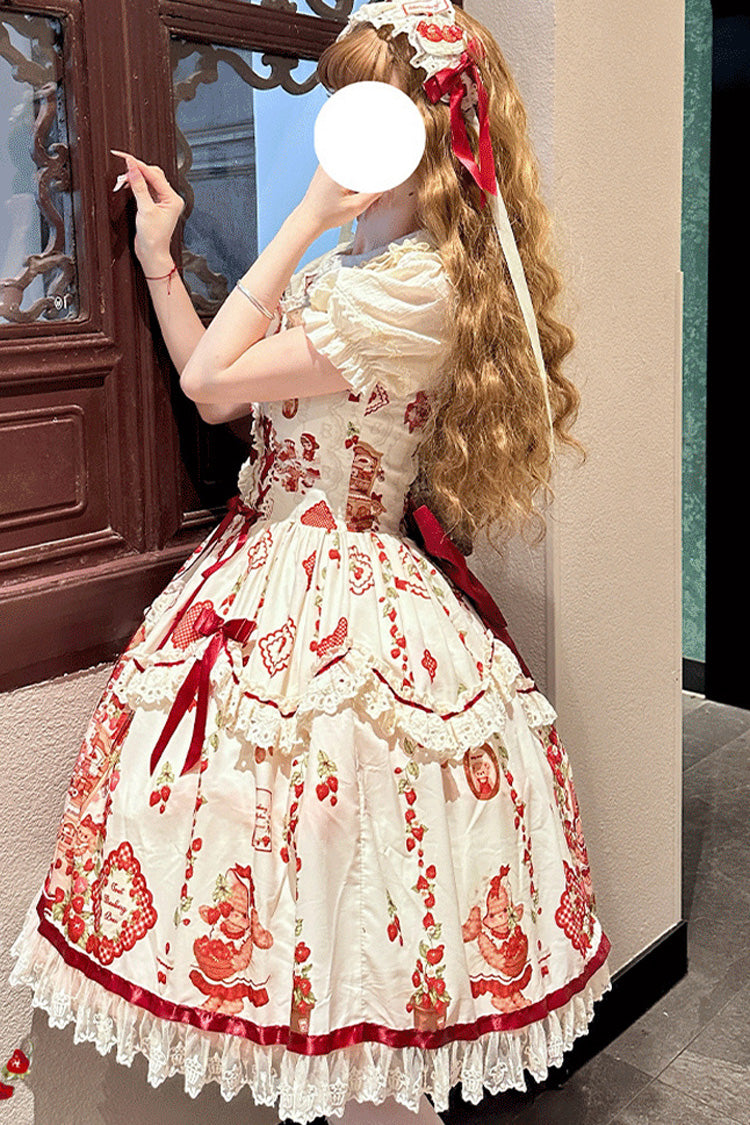 Ivory/Red [Strawberry Bear] Sleeveless Print Ruffle Embroidery Bowknot Lace Sweet Lolita Jsk Dress