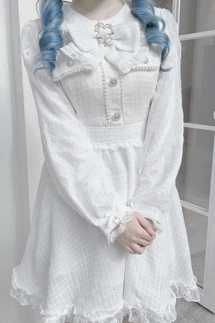 White Long Sleeves Bowknot Lace Pearl Sweet Jirai Kei Dress
