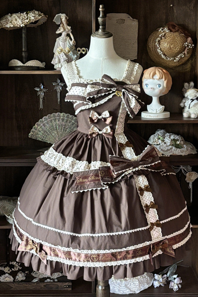 Dunkelbraunes [Panda-Geschenk] ärmelloses, gerüschtes, gespleißtes, asymmetrisches, süßes Lolita-JSK-Kleid mit Schleife und quadratischem Kragen