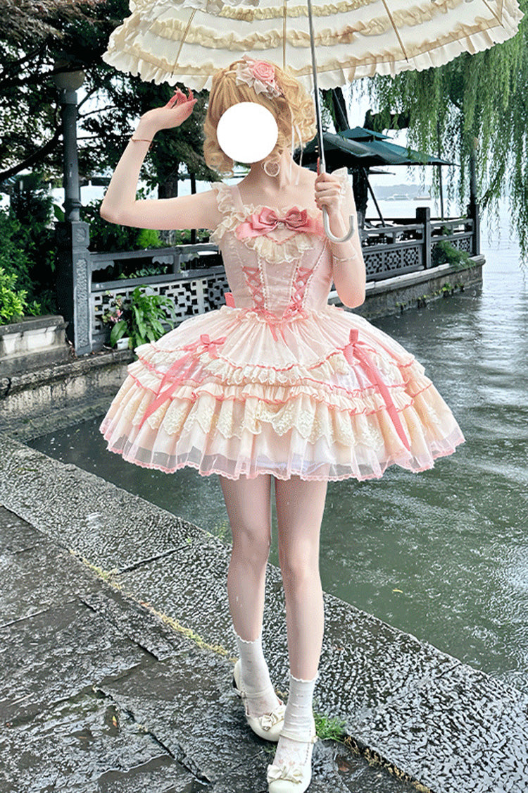 Pink [Candy House] Sleeveless Ruffle Bowknot Lace Lace-Up Sweet Lolita Jsk Dress