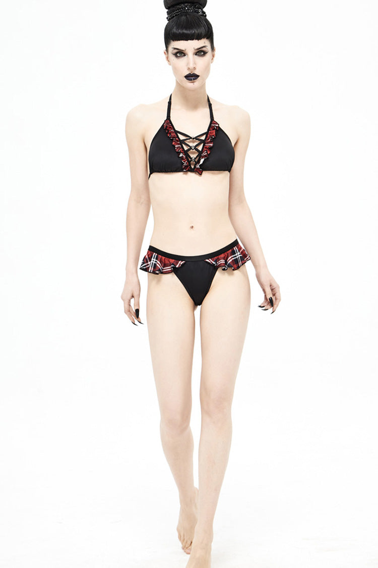 Black/Red Lace-Up Frilly Chest Skull Bell Women's Punk Swimsuit Top