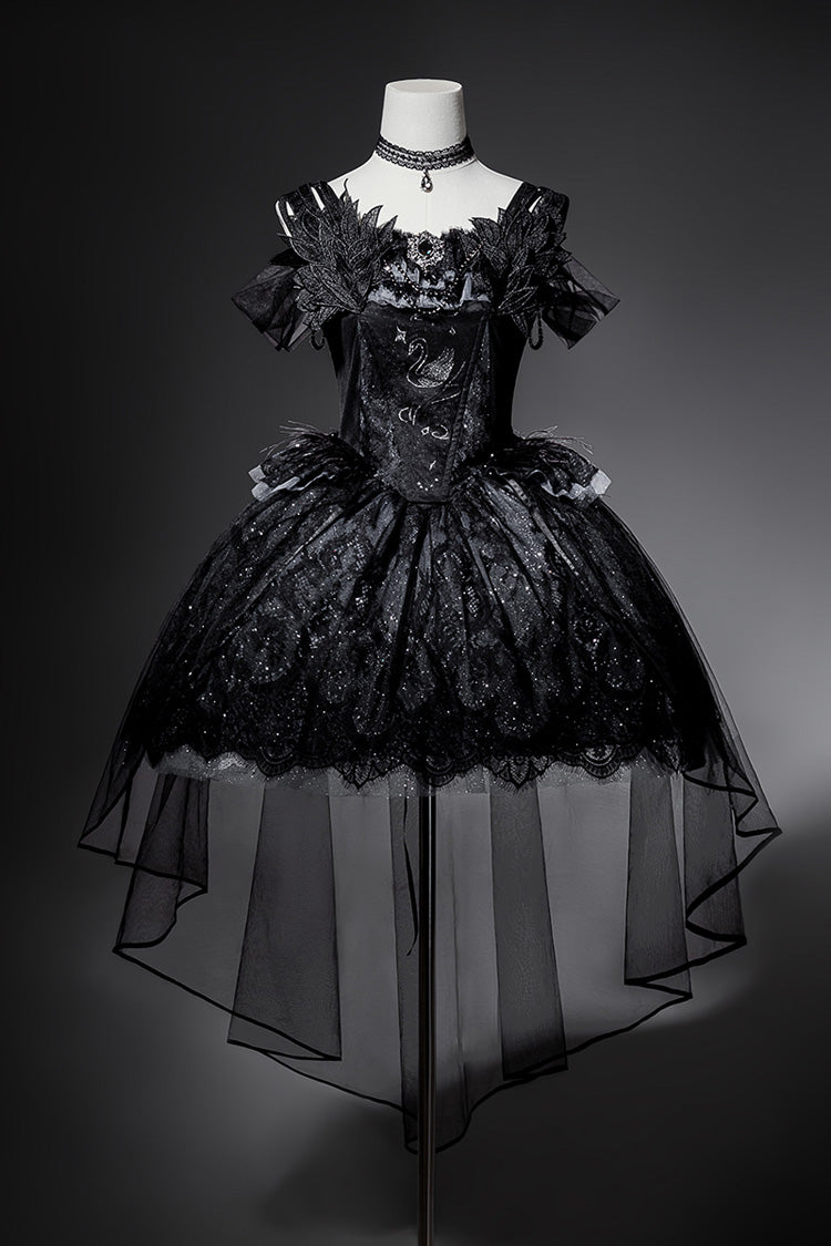 Robe Jsk Lolita Gothique Noire [Star Swan Dream] à Volants avec Broderie, Nœud Papillon et Dentelle 