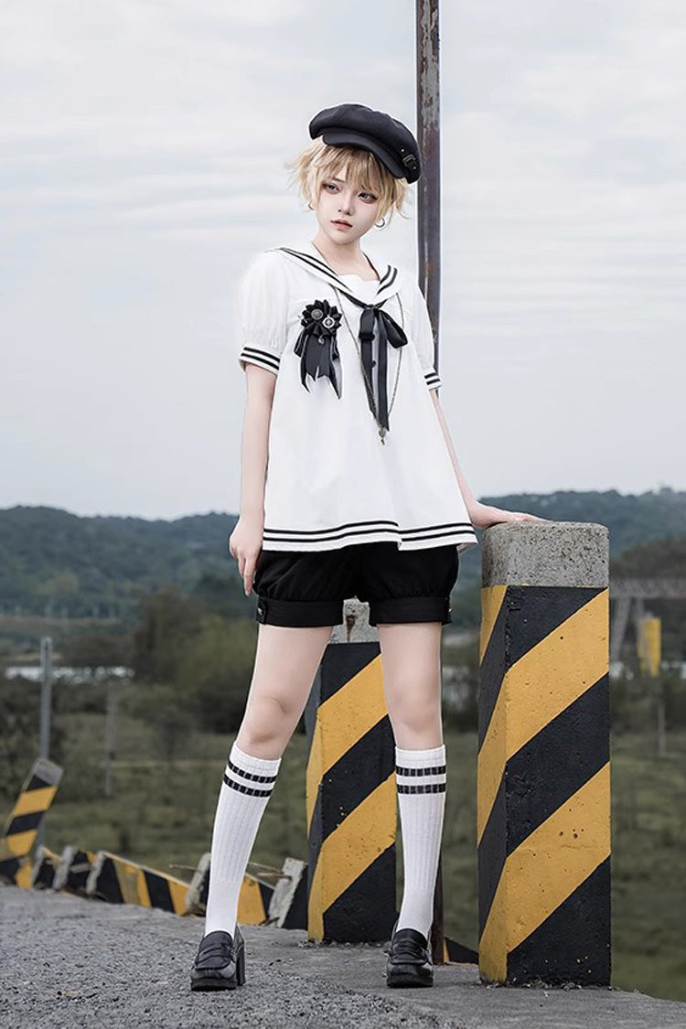 Black/White [Old Stories] Navy Collar Short Sleeves Bowknot Ouji Gothic Lolita Blouse Shorts Set