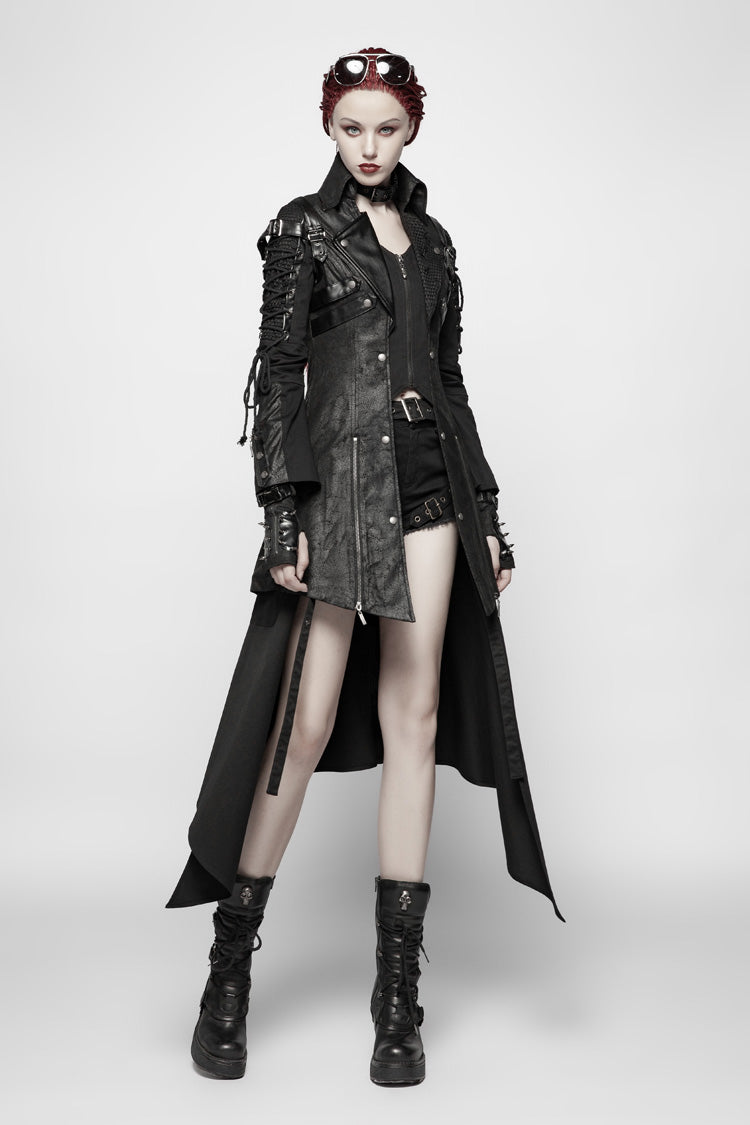Black Metal Buckle Decoration Zipper Womens Steampunk Windbreaker Coat