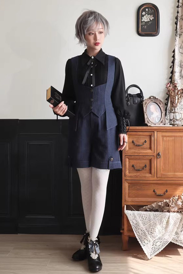 Blue [Griffin’s Pact] Bust Support Striped Printed Gothic Ouji Lolita Shorts Vest Set