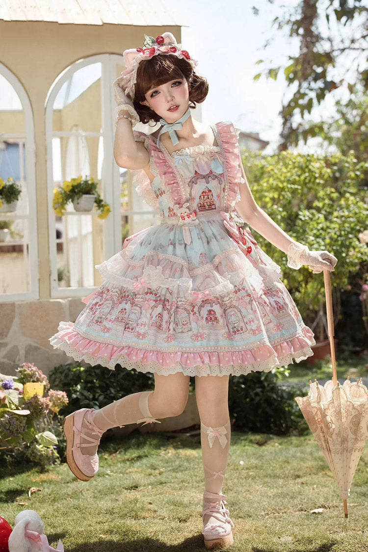 Pink [Springtime Sweets] Square Collar Flutter Sleeves Multi-Layered Printed Ruffled Bow Lace Sweet Lolita Jsk Dress