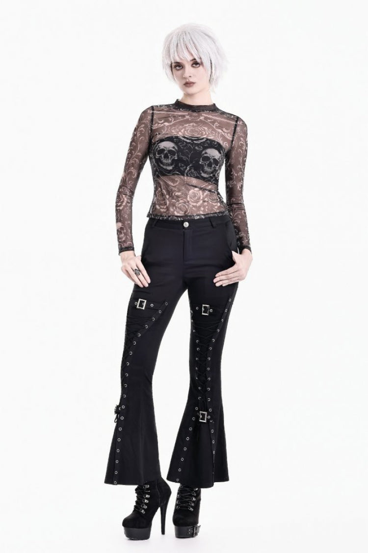Schwarzes Damen-Gothic-Oberteil mit Stehkragen und langen Ärmeln, transparentem Netzstoff und Totenkopf-Rosen-Print
