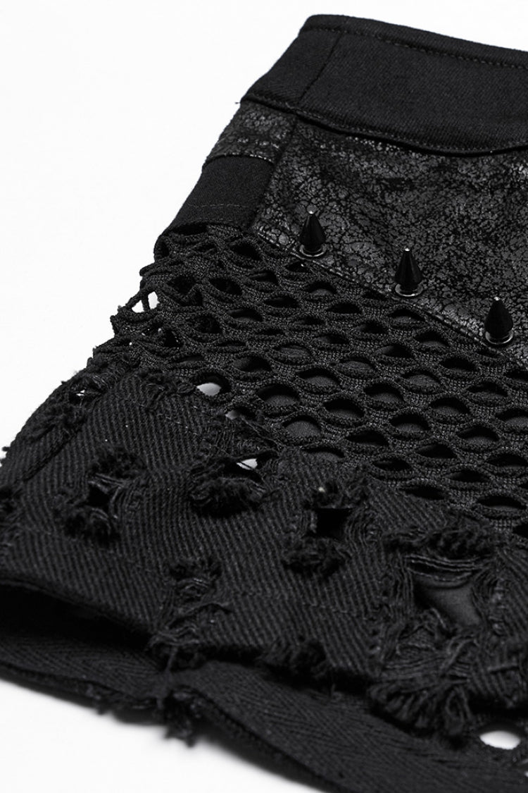 Black Women's Punk Studded Distressed Shorts with Detachable Kilt