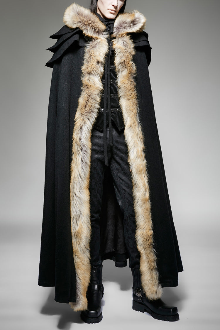 Black Hooded Fur Collar Wool Long Mens Gothic Coat Cloak
