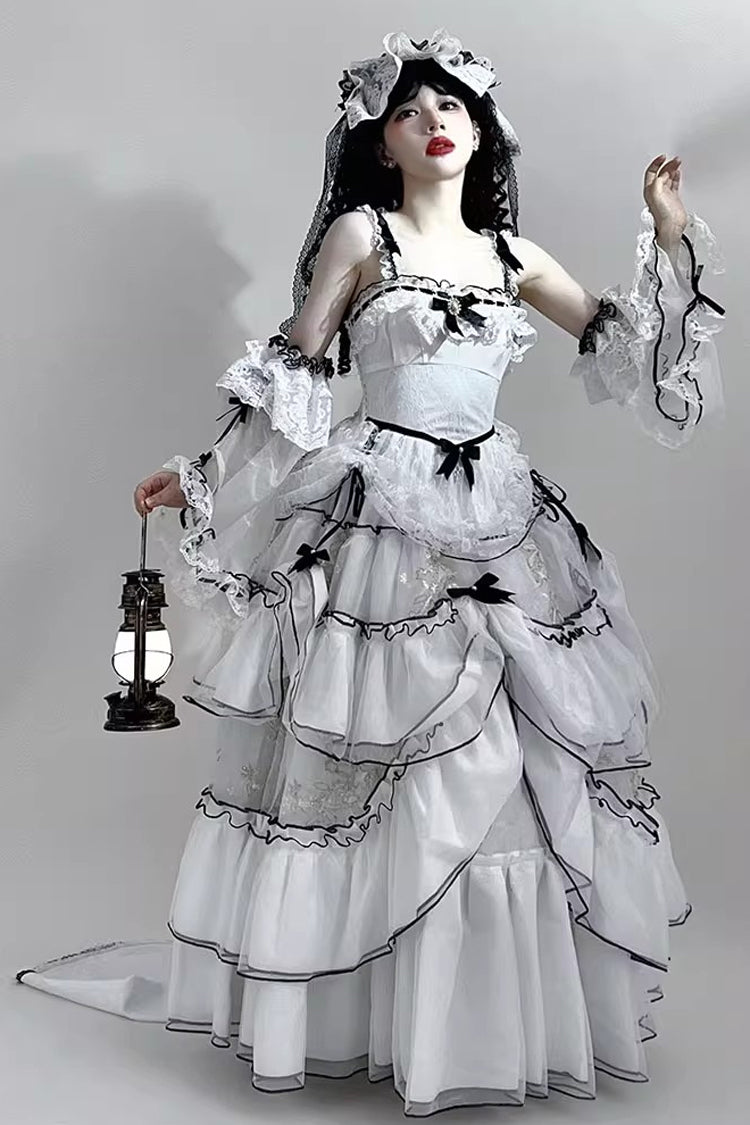 White [Cascade Poem] Sleeveless Multi-Layered Ruffle Hanayome Bowknot Lace Gothic Plus Size Gorgeous Lolita Jsk Long Dress