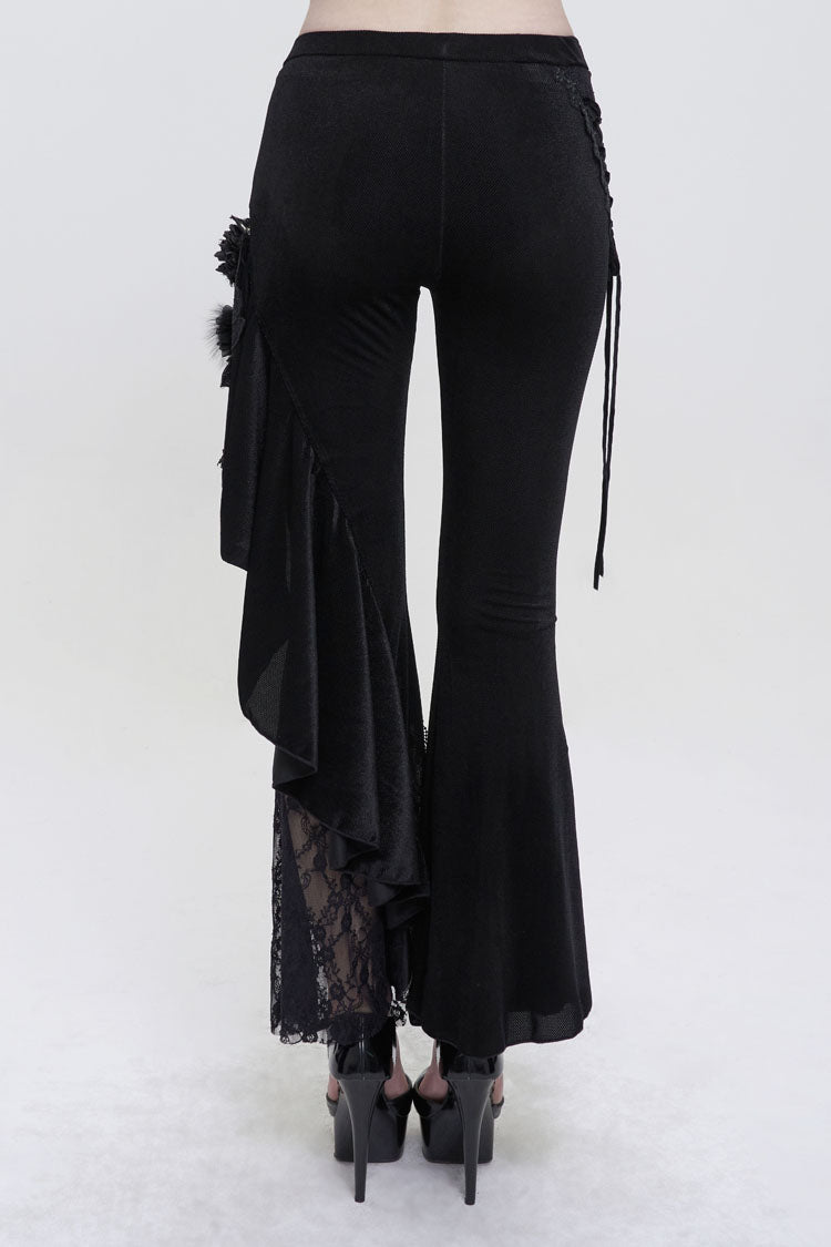 Black Velvet Single Side Stitching Rose Net Side Rope Decoration Asymmetric Pattern Flare Women's Gothic Pants