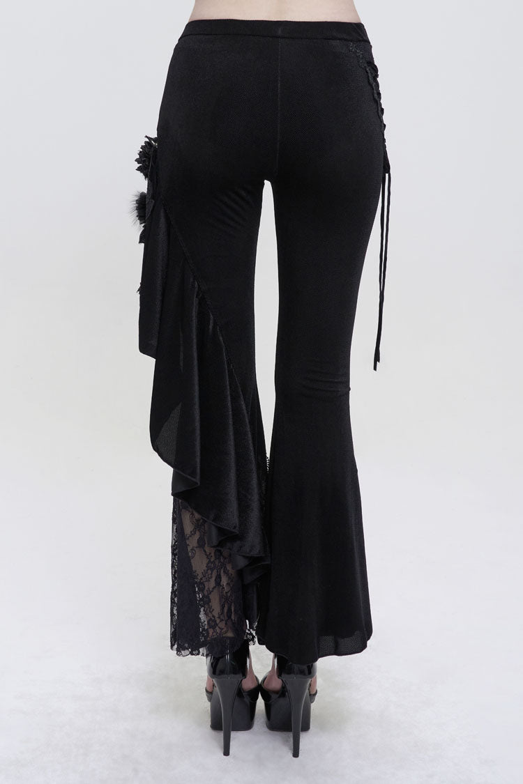 黒ベルベット片面ステッチローズネットサイドロープ装飾非対称パターンフレア女性のゴシックパンツ