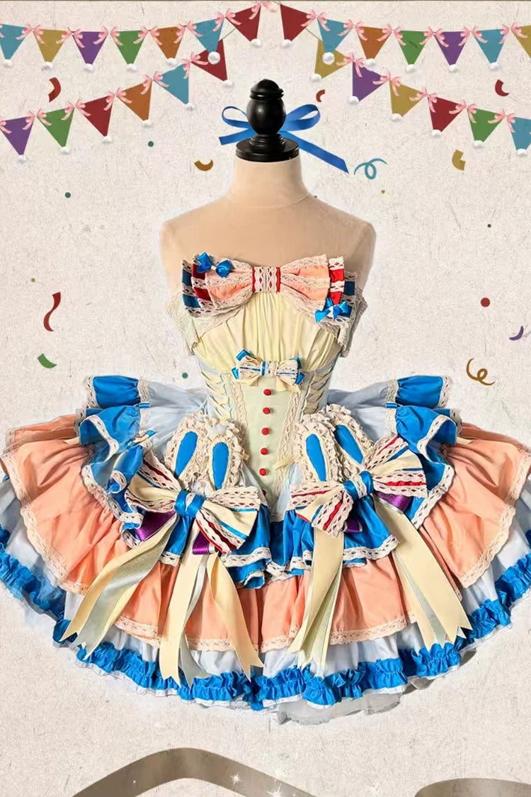 Mehrfarbig [Candy Paper Ribbon × Sleepy Bunny Doll Shop] Ärmelloses, mehrlagiges, süßes Ballett-Lolita-Kleid mit Rüschenschleife und Schnürung