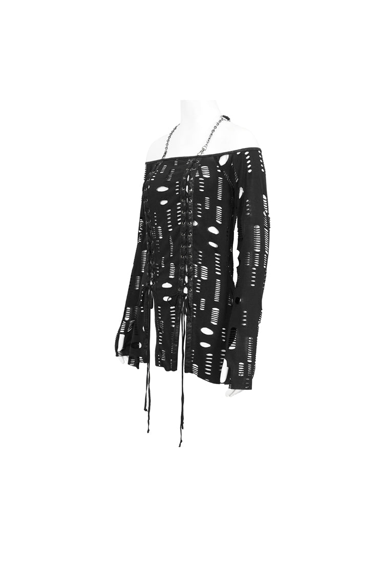 Black Elastic Ripped One Shoulder Rope Style Halter Neck Long Sleeves Women's Gothic T-Shirt