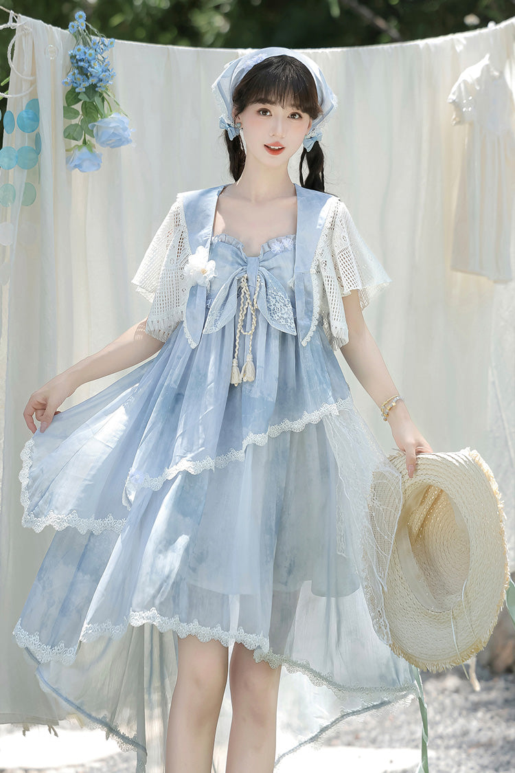 Blue [Clouds Resting in the Wilderness] Print Ruffle Embroidery Bowknot Lace Irregular Lolita Jsk Dress