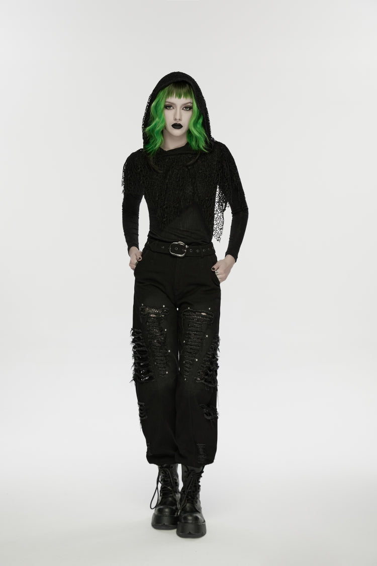 Pantalon en denim décadent punk non bordé avec œillets et fermeture éclair déchirés noirs pour femmes