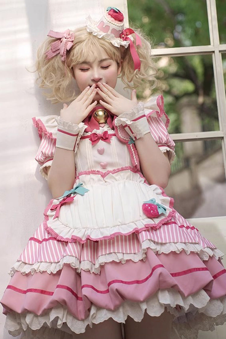 Pink [Berry Bubbles] Stripe Print Ruffle Bowknot Lace Sweet Lolita Dress