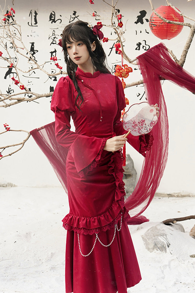 Red Long Sleeves Ruffle Embroidery Bowknot Lace Classic Chinese Style Elegant Lolita Dress