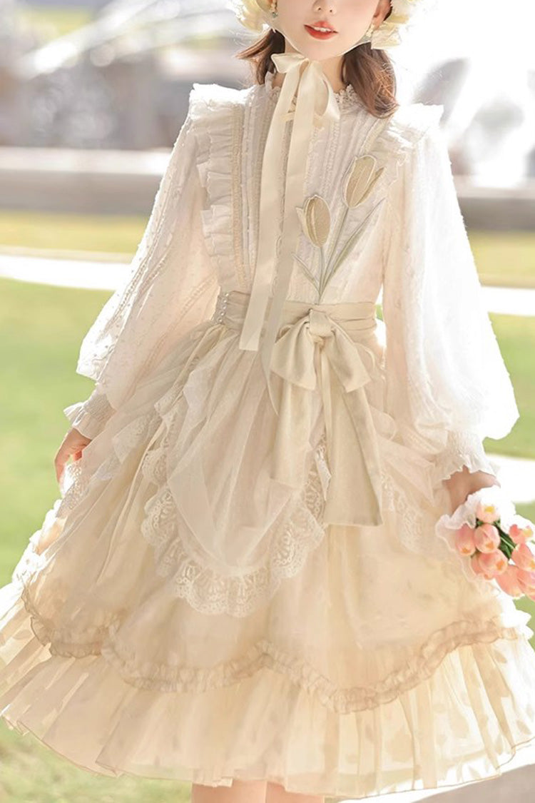 Ivory Stand Collar Long Sleeves Print Ruffle Sweet Princess Lolita Dress