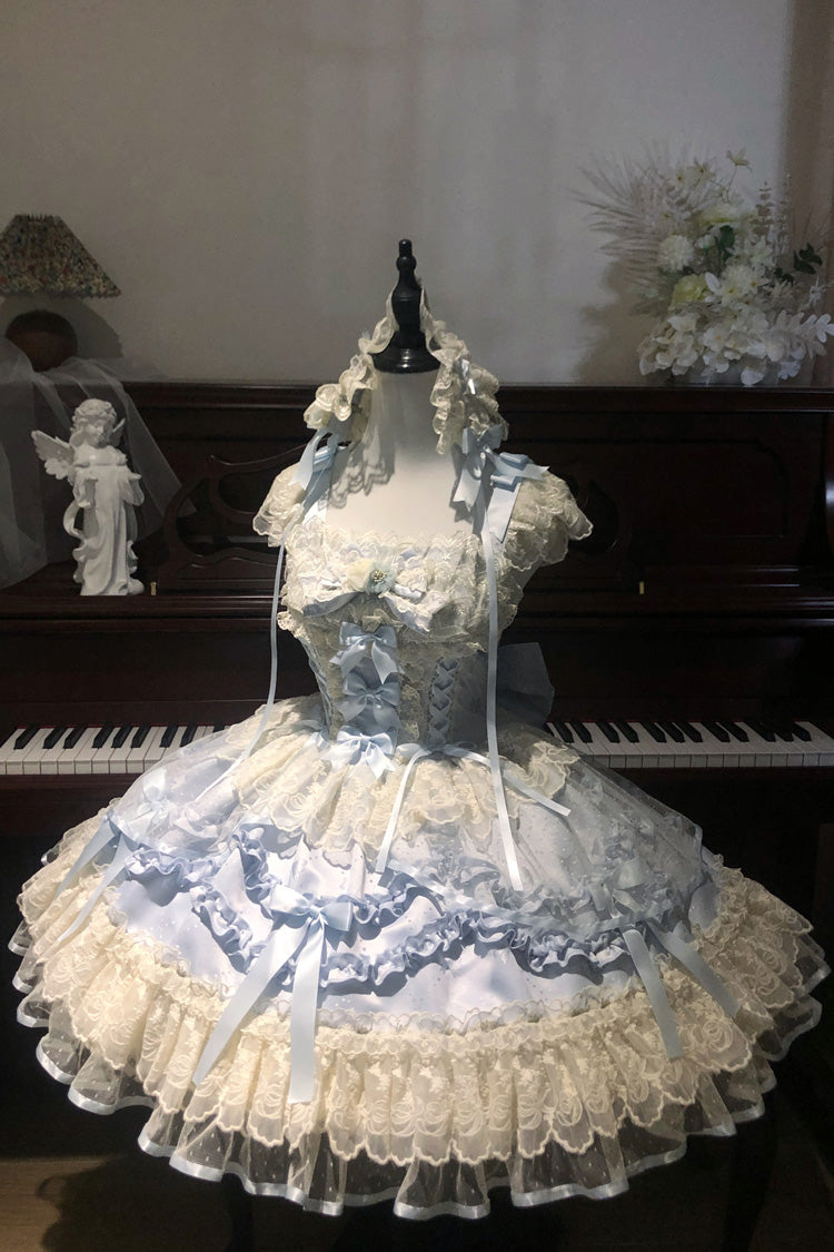 Blue [Dreaming Butterfly] Multi-Layered Jacquard Ruffle Bowknot Lace Sweet Princess Lolita Jsk Dress