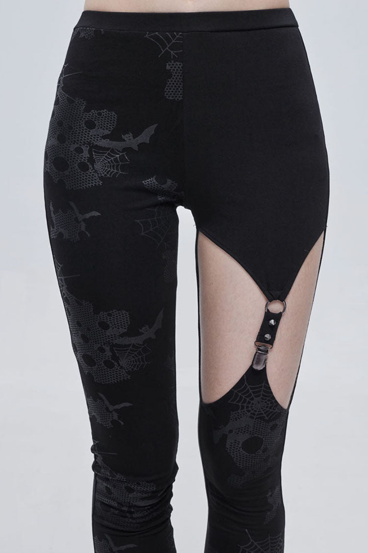 Black Gothic Ripped Spider Web Print Asymmetric Belt Buckle Decoration Women's Leggings