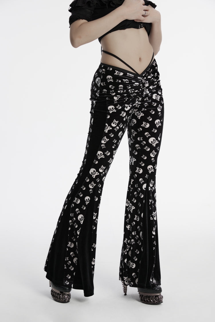 Schwarz/Weiß Slim Fit Plissee Damen Gothic Elegante Samt Schlaghose mit Kordelzug