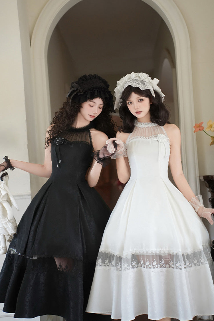 White [Flowers in the Mist] Off Shoulder Halterneck Print Ruffle Gothic Elegant Lolita Dress