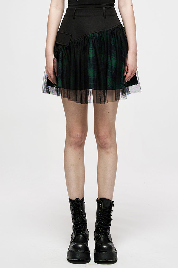 Green Cotton Splicing Mesh Plaid Personalized Pocket Decoration Waist Punk Women's Short Skirt